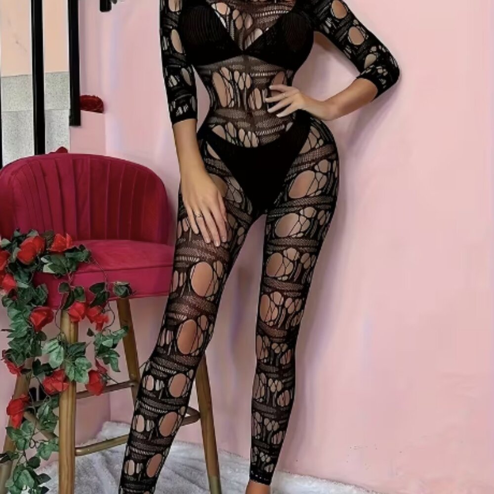 Black Hole Pattern Fishnet Bodysuit